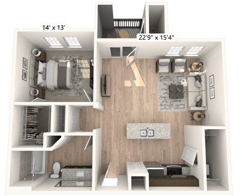 A 3D floor plan of a small apartment with a kitchen, living room, and bedroom.
